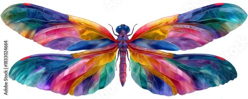 Stained-glass style dragonfly wings with vibrant colors and intricate patterns against a white background