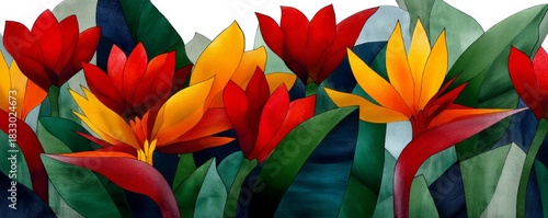 Vibrant stained-glass style illustration featuring tropical flowers in bright red, yellow, and green hues