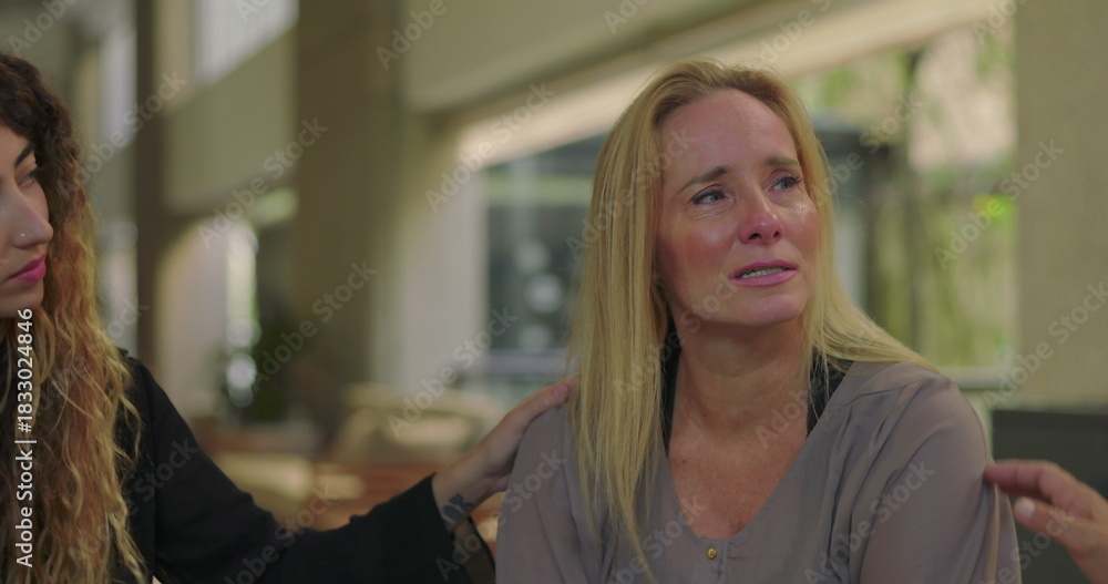 Obraz premium Woman consoled by fellow group members after emotional sharing, tearful moment of comfort and connection during healing group therapy session