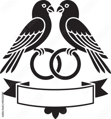 Love Birds Wedding Emblem with Rings and Banner for Marriage Logo Design