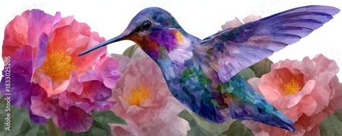 A vibrant stained-glass style illustration of a hummingbird hovering near soft pink flowers with intricate detailing