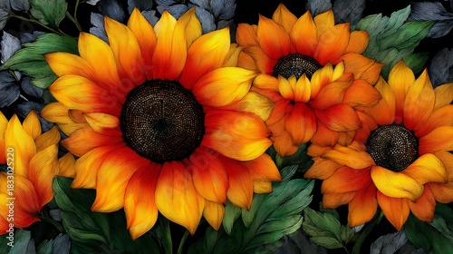 Colorful stained glass style sunflowers with intricate patterns and vibrant shades of yellow and orange against a textured background