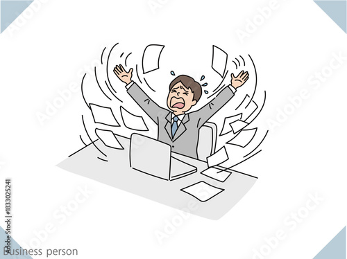 困ってしまって書類を投げ出すビジネスマン、デスクワーク中のビジネスマンのイラスト