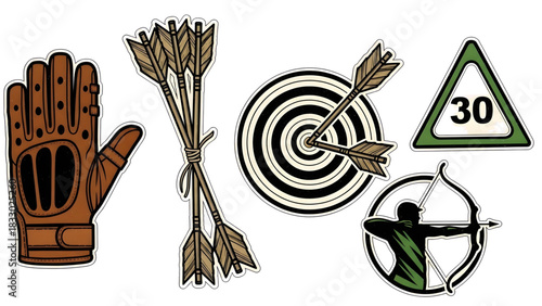 Collection of classic archery sport stickers featuring a bowman, target with arrow, quiver, and protective glove