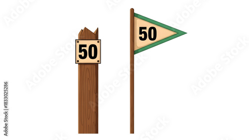 Wooden Post and Flag Sign Illustrating the Number 50 for Milestone or Distance Marker