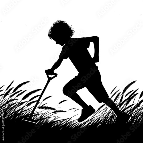 Black and White Vector Boy Cutting Tall Grass