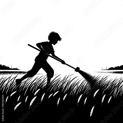 Black and White Vector Boy Cutting Tall Grass