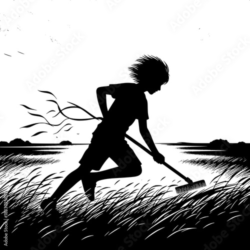 Black and White Vector Boy Cutting Tall Grass