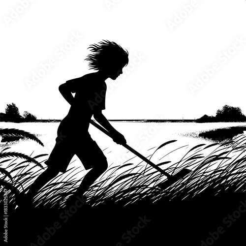Black and White Vector Boy Cutting Tall Grass