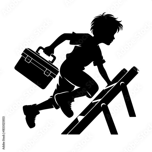 Black and White Vector Boy Climbing Ladder with Tools