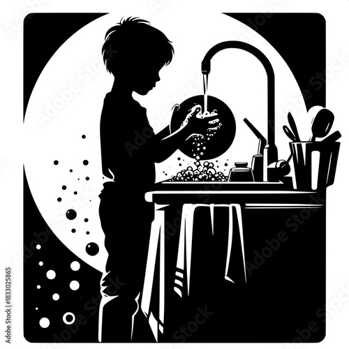 Black and White Vector Boy Washing Dishes