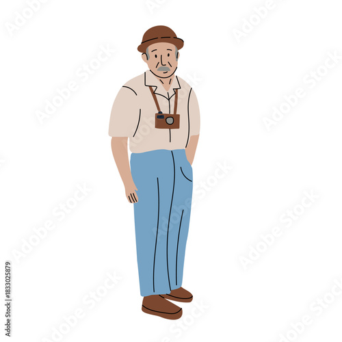 Minimal flat vector senior tourist man with camera, hand drawn character illustration isolated on white background