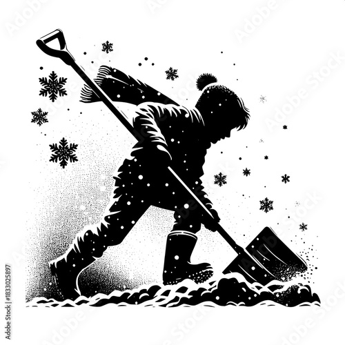 Black and White Vector Boy Shoveling Snow