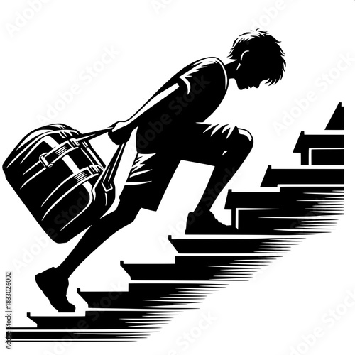Black and White Vector Boy Pulling Heavy Bag Up Stairs