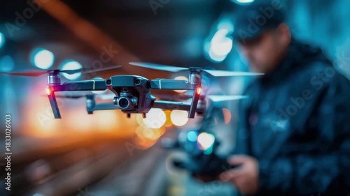 Close-up of a drone flying in a dark industrial tunnel, controlled by an operator in the background