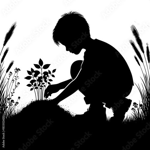 Black and White Vector Boy Planting Seedlings