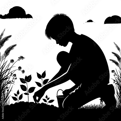 Black and White Vector Boy Planting Seedlings