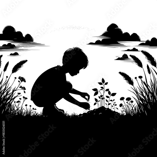 Black and White Vector Boy Planting Seedlings