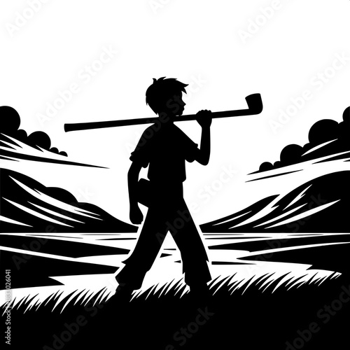 Black and White Vector Boy Carrying Long Pipe