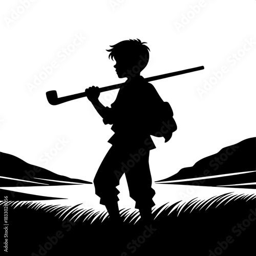 Black and White Vector Boy Carrying Long Pipe