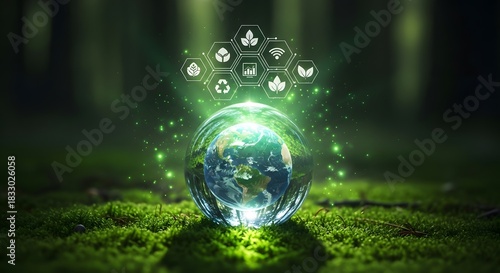 Glowing earth orb with ecology icons in forest setting