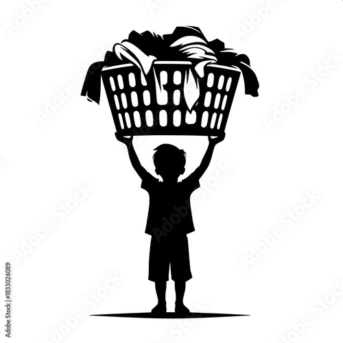 Black and White Vector Boy Carrying Big Basket of Clothes