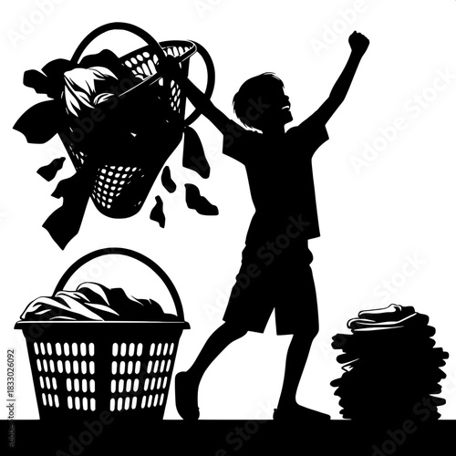 Black and White Vector Boy Carrying Big Basket of Clothes