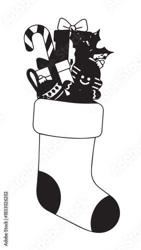 Illustrated Christmas stocking filled with gifts, candy cane, and star decorations.