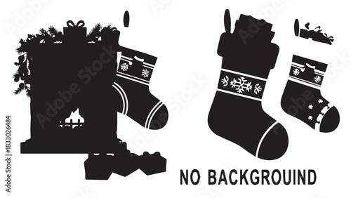 Silhouetted cozy living room fireplace scene with stockings, clutter, and assorted items on the mantel and floor.