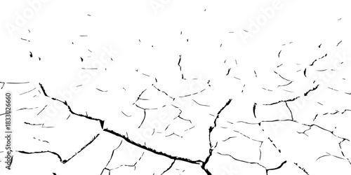 High-contrast black and white cracked earth texture showing dry, fractured ground. Ideal for environmental themes, drought concepts, backgrounds, vector textures, and natural surface illustrations.