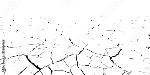 High-contrast black and white cracked earth texture showing dry, fractured ground. Ideal for environmental themes, drought concepts, backgrounds, vector textures, and natural surface illustrations.