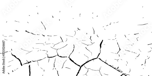 High-contrast black and white cracked earth texture showing dry, fractured ground. Ideal for environmental themes, drought concepts, backgrounds, vector textures, and natural surface illustrations.