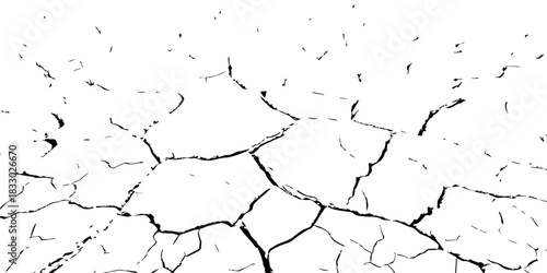 High-contrast black and white cracked earth texture showing dry, fractured ground. Ideal for environmental themes, drought concepts, backgrounds, vector textures, and natural surface illustrations.