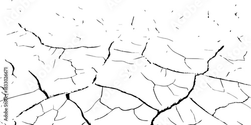 High-contrast black and white cracked earth texture showing dry, fractured ground. Ideal for environmental themes, drought concepts, backgrounds, vector textures, and natural surface illustrations.