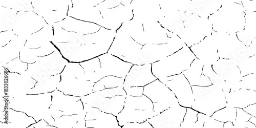 High-contrast black and white cracked earth texture showing dry, fractured ground. Ideal for environmental themes, drought concepts, backgrounds, vector textures, and natural surface illustrations.