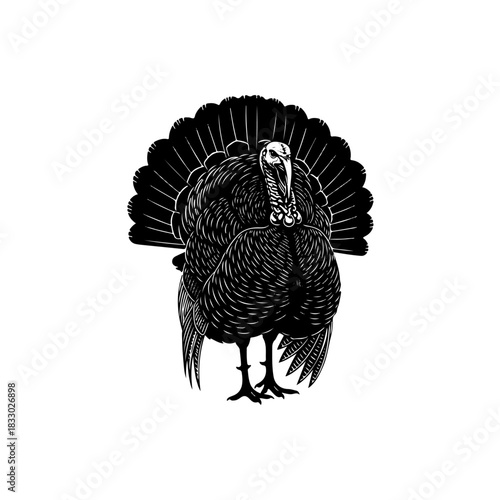 Black and white turkey illustration isolated on transparent background