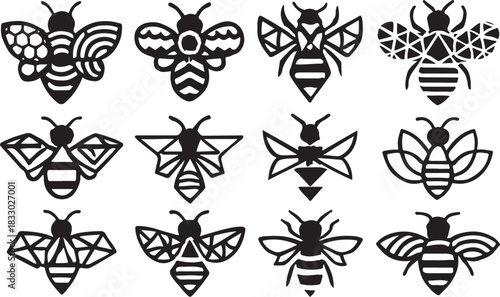 Stylized black and white bee designs with geometric patterns