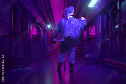 Digital Composition of Santa Claus from Behind Holding Christmas Sack in Subway Train