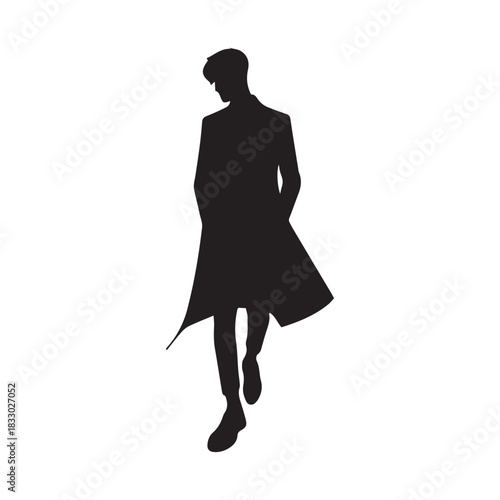 silhouette of a man wearing coat and walking in attitude