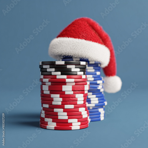 A stack of casino poker chips with a red Santa hat on top
