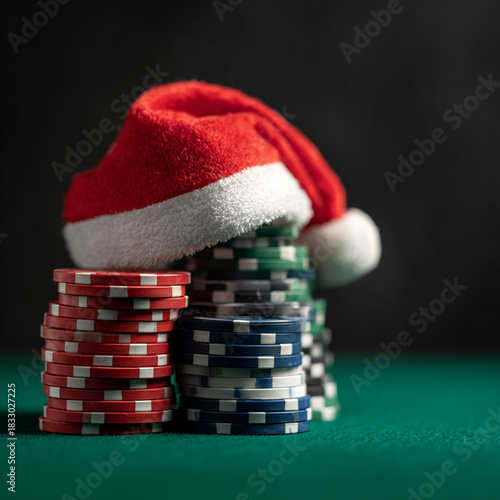 A stack of casino poker chips with a red Santa hat on top