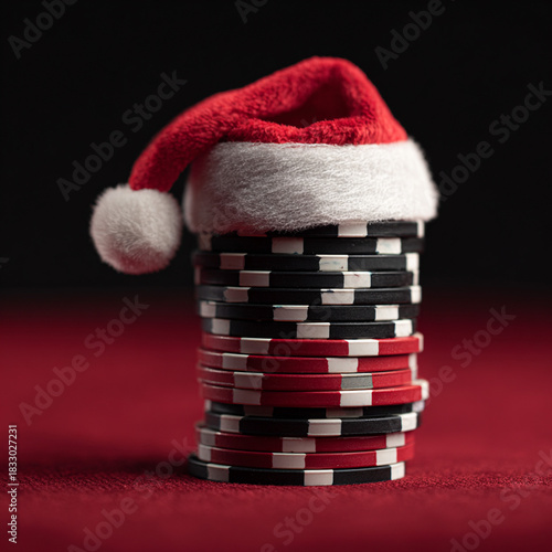 A stack of casino poker chips with a red Santa hat on top