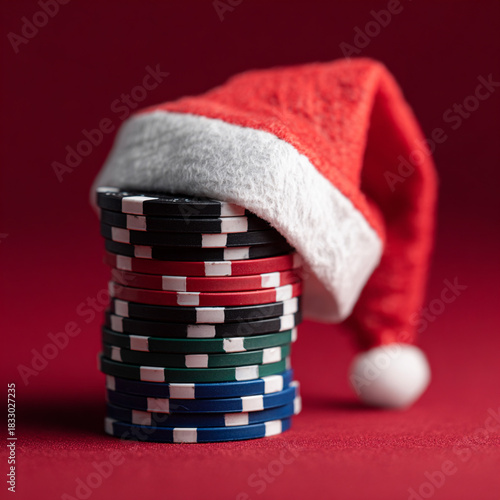 A stack of casino poker chips with a red Santa hat on top