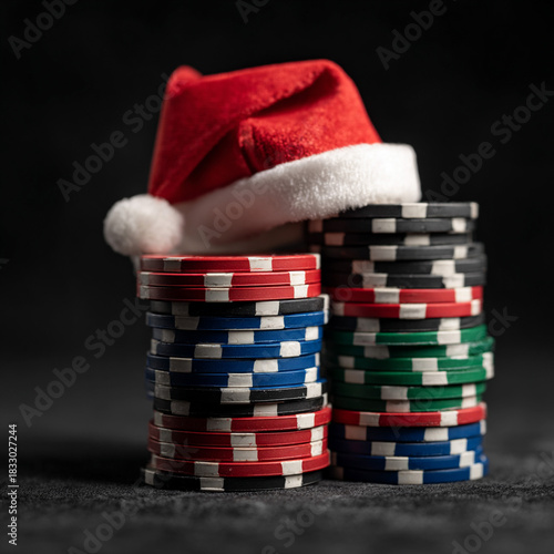 A stack of casino poker chips with a red Santa hat on top