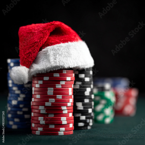 A stack of casino poker chips with a red Santa hat on top