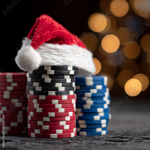 A stack of casino poker chips with a red Santa hat on top