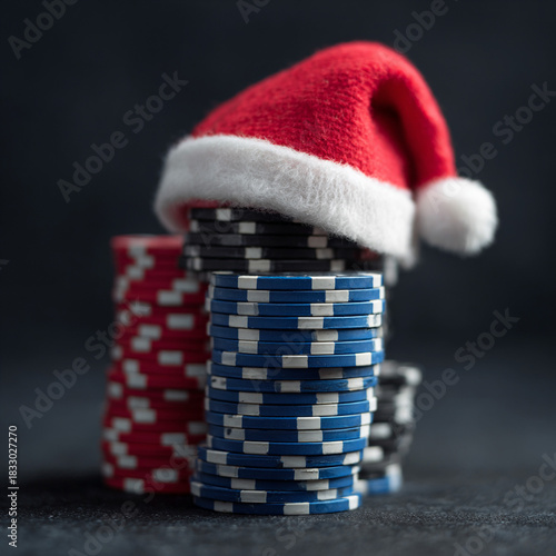 A stack of casino poker chips with a red Santa hat on top
