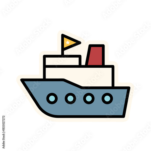Stylized Flat Vector Art of a Passenger Ship With Red Funnel and Yellow Flag Sailing on Water Minimalist Sticker Style Design
