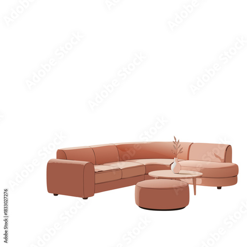 Modern coral sectional sofa with round coffee table and vase with branches in minimalist living room flat vector illustration with gold lighting details