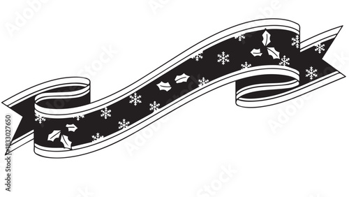Decorative black ribbon banner with stars and snowflakes for design elements.